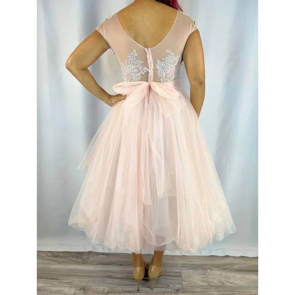 NEW O'Blanc Pink Silver Lace Tulle Formal Midi Dress $1440 - Picture 7 of 14